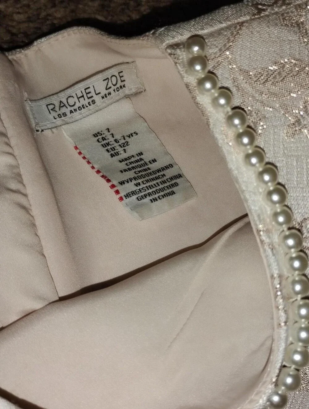 Rachel Zoe Girls Metallic Gold Floral Brocade Dress Pearl Neckline Size 7